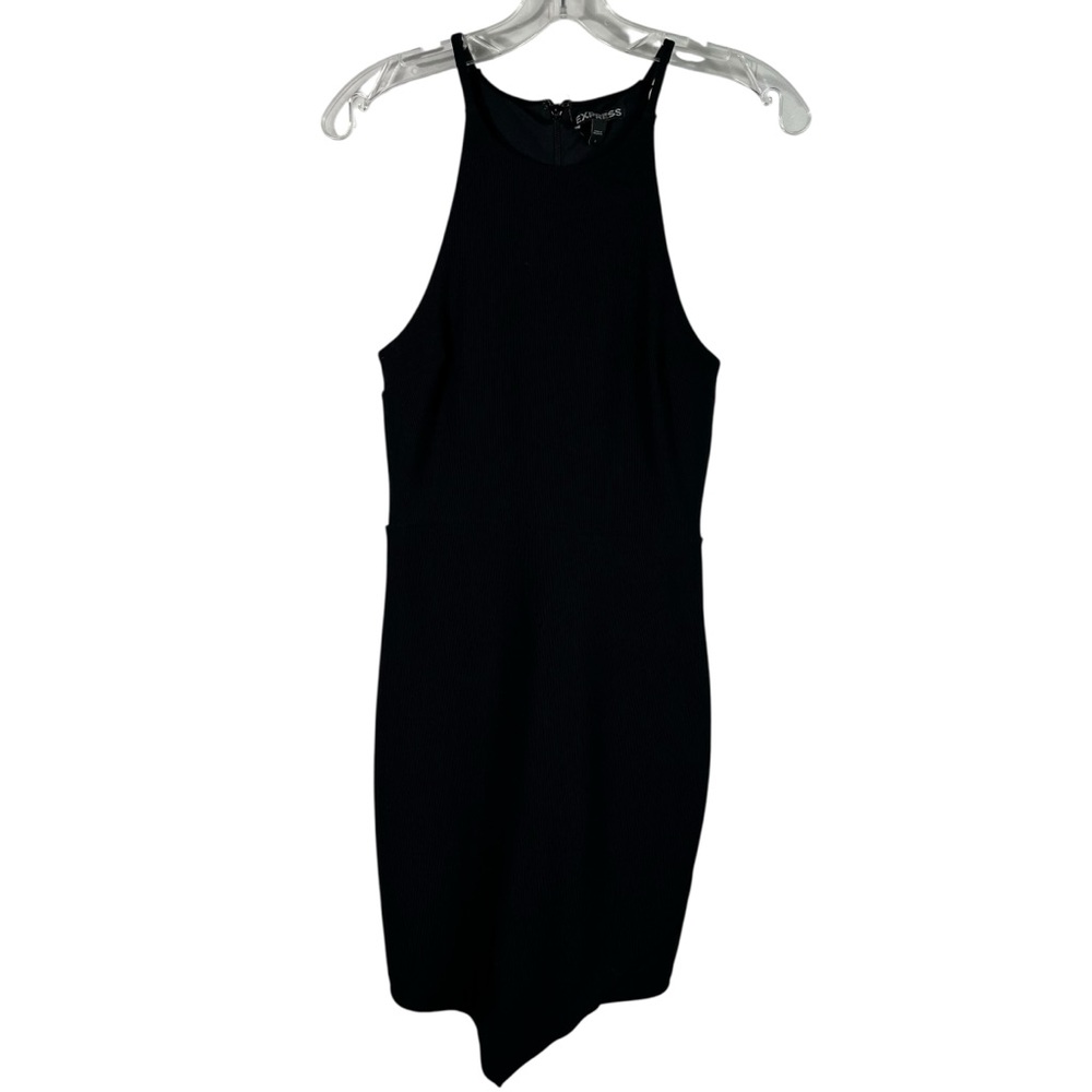 Express Black Ribbed High Neck Asymmetrical Hem Bodycon Dress LBD Party Size 6